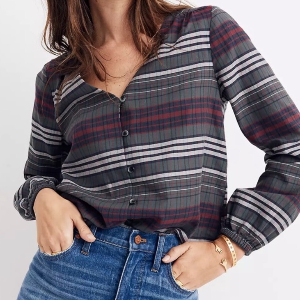 Madewell Gray Plaid Button-Front Long-Sleeve Top